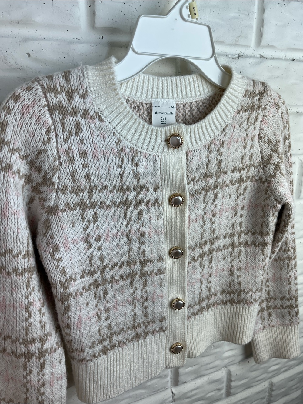 ABERCROMBIE KIDS CARDIGAN PEARL AND GOLD BUTTONS TAN PINK CREAM GIRLS SZ 7/8 - Picture 6 of 13